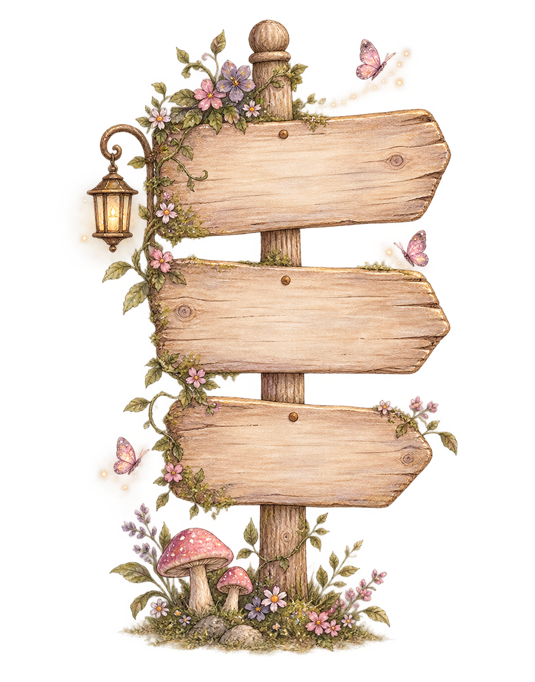 Wooden fairy garden signpost with flowers, mushrooms and a lantern